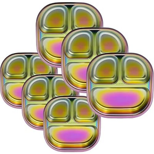 6 Pack Stainless Steel Kids Plates, Divided Stainless Steel Toddler Baby Plates, Rainbow Non-Toxic Plates for Kids and Toddlers, BPA-Free Dishwasher Safe