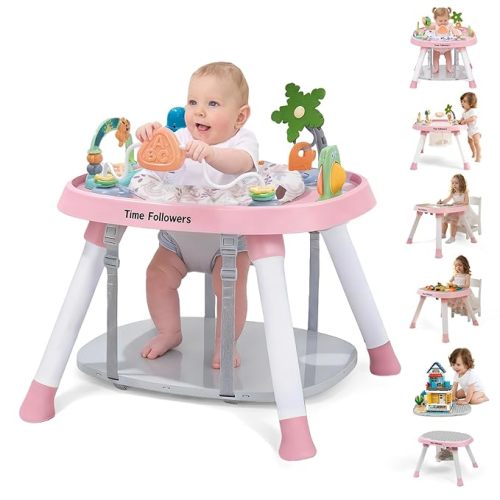 Time Followers® 6-in-1 Baby Activity Center | 4 Stage Montessori-Inspired Toys | Grow Stationary Standing Toddler Table | Jumpers & Bouncers | Must Have for Boy & Girl 6, 12, 24+ Month Old (Pink)
