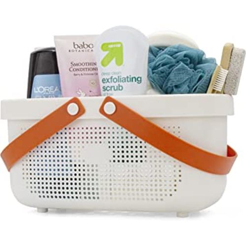 Brookstone BKH1635, Large Portable Shower Caddy with Soft Silicone Carrying Handle, Bathroom Organizer Basket, Plastic Bath Tote, Dries Quickly with Drainage Holes [BPA Free], White
