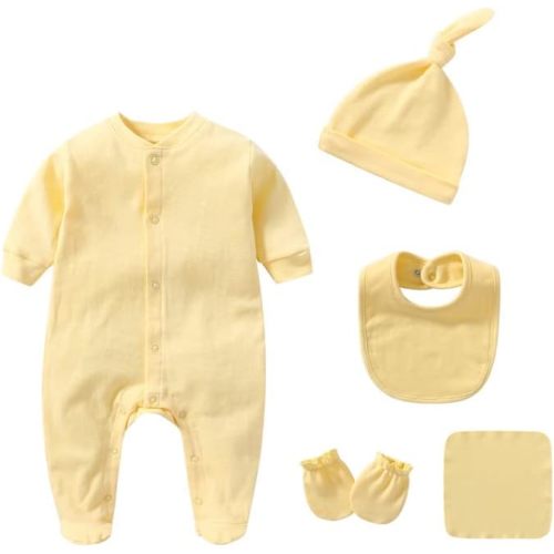 Newborn Boy Girl Clothes Sets Baby Cotton Long Sleeve Romper Jumpsuits Unisex Outfits with Baby Mittens Baby Hats Gloves