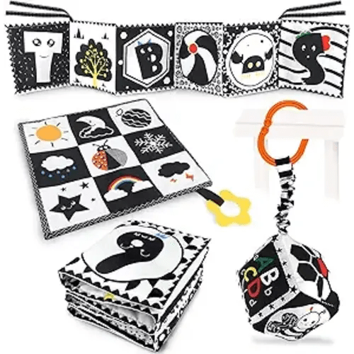 KUANGO 3 PCS Black and White High Contrast Baby Toys Newborn Toys 0-6 Months, Visual Stimulation Sensory Soft Book, Infant Tummy Time Toys 0-3-6 Months Baby Gifts