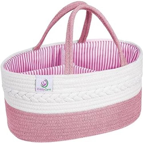 KiddyCare Diaper Caddy Organizer Basket for Nursery Storage Organizer Cart Baby Basket for Diaper Holder, Baby Basket Gift for Boy/Girl Basket with Dividers Pink (Floral Print) Large