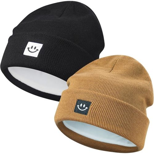 MaxNova 2 Pack Baby Beanie Fleece Lined Knit Hat Black/Camel (0-6 Months)