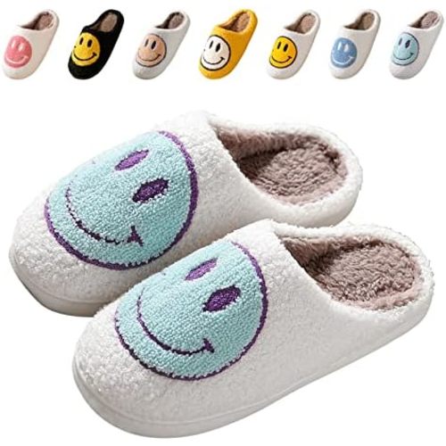 Smile Face Slippers for Women, Soft Plush Smile Slippers Retro Preppy Slippers with Smile Face Happy Face Slippers Slip-on Cozy Indoor Outdoor Slippers Indoor Outdoor Comfy Shoes