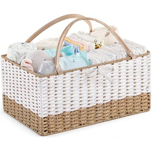 HBlife Diaper Caddy Organizer, Hand-Woven Storage Basket for Diapers & Baby Essentials - Modern Fashion Colorblock Design, Ideal Gift for Baby Shower & Registry Must-Have