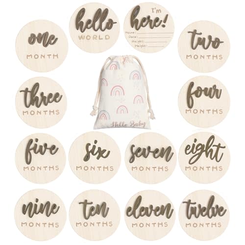 Burbell 3D Baby Monthly Milestone Card Signs Baby Announcement Sign 7 Pack Double Sided Hello World Newborn Signs Wooden Circles Discs for Welcome Newborn Shower Boy Girl Photo Props(Brown)