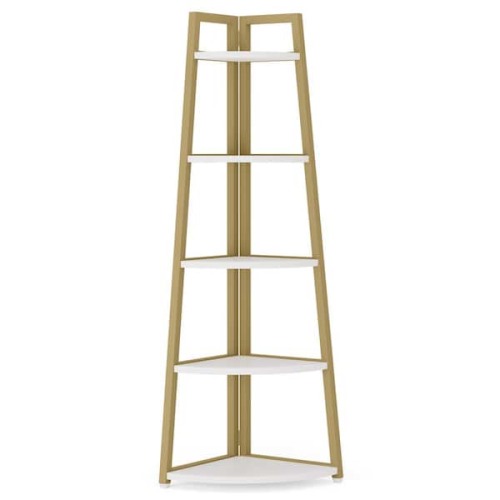 Jannelly 70 in. White and Gold Wood 5tier 5 Shelf Corner Ladder Bookcase with Open Back