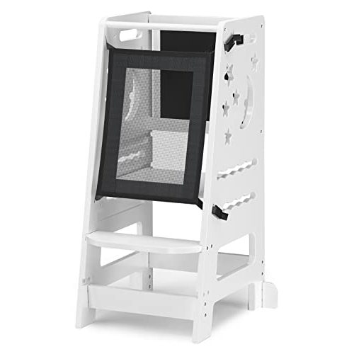 TOETOL Bamboo Toddler Kitchen Stool for Kids Step Stool - White Little Helper Tower Adjustable Height with Learning Black & White Activity Board1