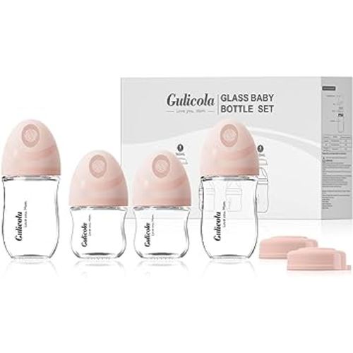Gulicola Natural Glass Baby Bottles Gift Set 4 Pack, Newborn Girl Breastfeeding Bottles with Slow Flow Nipples, 0 Months+, 3 oz & 5 oz - Pink
