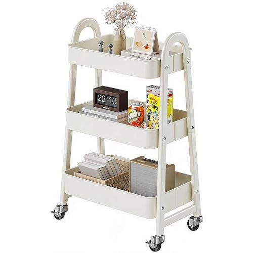 DUMOS 3 Tiers Metal Rolling Utility Cart with Lockable Wheels, Mobile Storage Organizer, Utility Shelving Unit for Kitchen, Office, Bathroom, Laundry, Narrow Places, White
