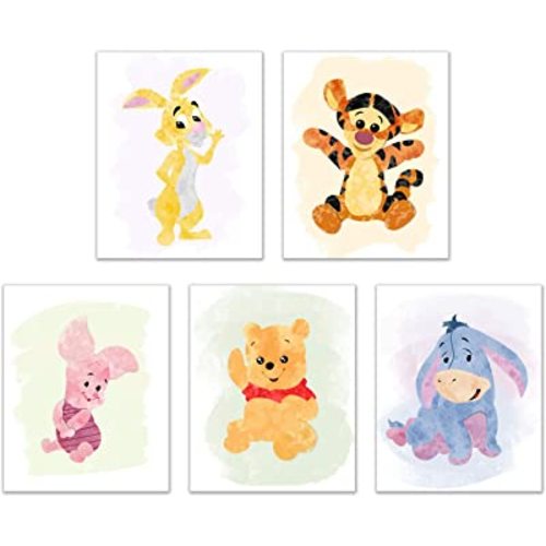BigWig Prints Winnie the Pooh Nursery Decor - Watercolor Winnie the Pooh Wall Art, Baby Nursery Decor, Childrens Wall Art Poster Prints, Piglet Tigger Rabbit Eeyore Gifts - Unframed Set of 5 (8x10)