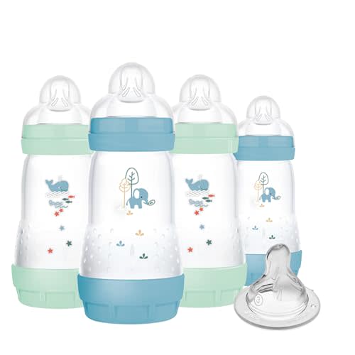 MAM 9oz Easy Start Anti-Colic Baby Bottles, Medium Flow with Bonus Fast Flow Nipple, Breastfeeding-Like Silicone, Reduces Colic and Gas, Easy-to-Clean, BPA-Free, 2 Plus Months