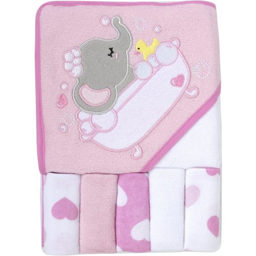 Baby Essentials 6 Piece Embroidered Hooded Cotton Bath Towel and Washcloth Set for Infants, Newborns and Toddlers 6 – 12 Months for Bath Time, Showers, Lounge, Beach and Pool in Effervescent Elephant