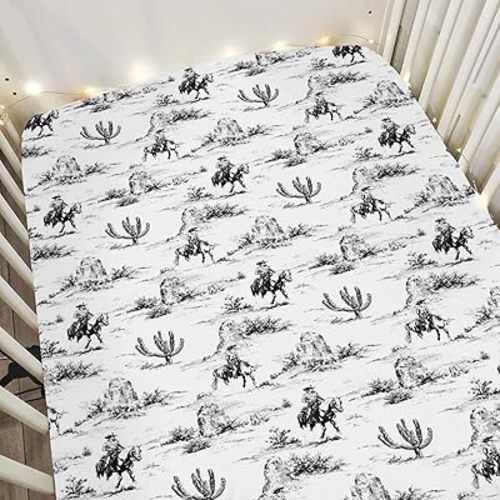 Vintage Western Cowboy Baby Crib Sheets for Boy Girl 28"x52" Retro Cowboy Horse Cactus Soft Stretchy Fitted Crib Mattress Cover Wild Desert Baby Sheet for Standard Crib & Toddler Mattress Pads