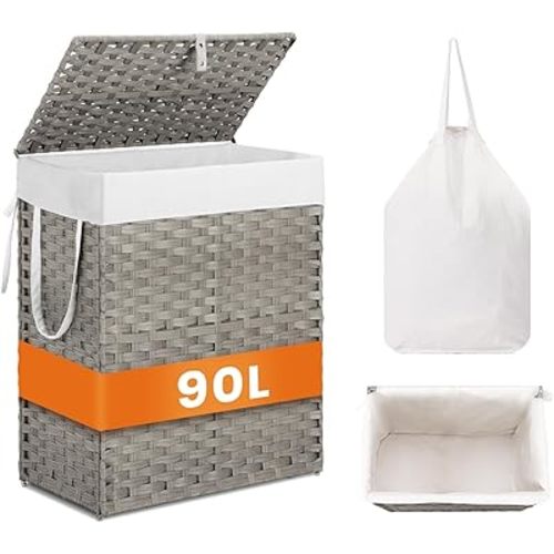 Sweetcrispy Foldable Laundry Hamper–Large Capacity Clothes Basket with Lid, 23.8 Gallon (90L) Bin for Bedroom, Bathroom, and Wash Room–Double Insert Storage Organizer, Dove Gray