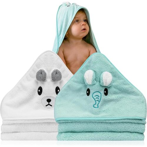 2 Unidades Toalla bebe - Regalo bebe recien nacido niño - Toallas bebe con capucha de animales 0-3 años - Albornoz bebe baño - Capa de baño bebe - Regalos para bebes recién nacidos (Blanco / Turquesa) : Amazon.es: Bebé