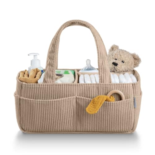 PUTSKA Baby Diaper Caddy Organizer for Changing Table – Stylish Nursery Storage Basket, Newborn Essentials, Baby Shower Gifts and Registry Must-Haves for Boy or Girl, Car Diaper Caddy, Corduroy Mocha