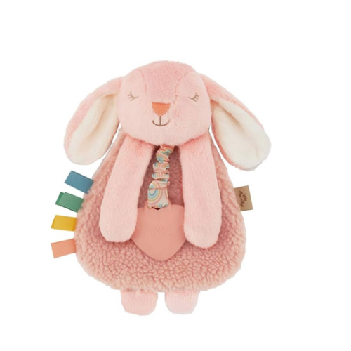 Itzy Ritzy - Itzy Lovey Including Teether - Baby Lovey with Teether, Textured Ribbons & Dangle Arms - Features Crinkle Sound, Sherpa Fabric and Minky Plush (Pink Bunny)