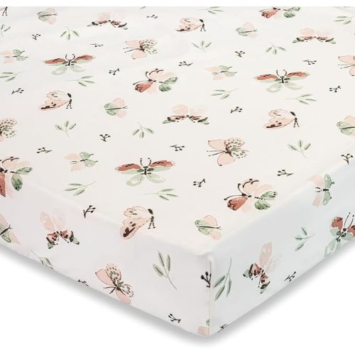 Crane Baby Crib Sheet - 100% Cotton, Breathable Fitted Sheet for Standard Crib Mattress (28"x 52"), Butterfly Pattern for Boys and Girls
