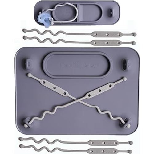 Busy Baby Silicone Placemat Bundle - 1-Original Placement & 1-Mini Mat with 6 Multipurpose Straps Included, Dishwasher Safe, Travel-Friendly, BPA Free, As Seen on Shark Tank (Pewter)