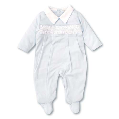 Hand Smocked CLB Charmed Blue Footie with Collar
