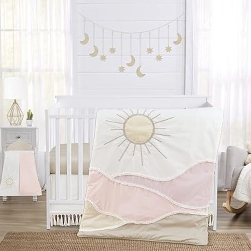 Sweet Jojo Designs Boho Desert Sun Baby Girl Nursery Crib Bedding Set - 4 Pieces - Blush Pink Mauve Gold Ivory Taupe Bohemian Mountains Southwest Nature Outdoors Tassel Minimalist Cotton Geometric