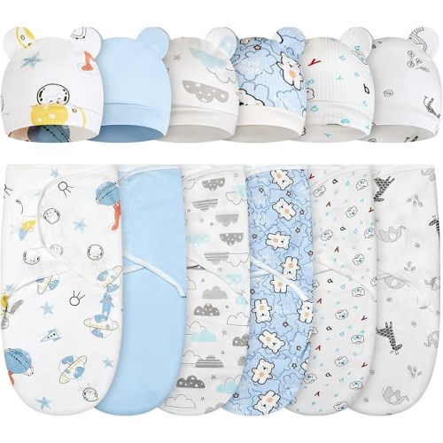 Ramede 6 Pack Swaddle Blanket with Hats Swaddle Outfit for 0-3 Months Newborn Sacks Soft Cotton Wearable for Girl and Boy(Whale,Blue and Green)