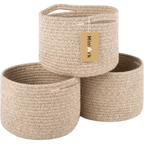 Small Storage Basket for Organizing | Cube Shelf Closet Storage Baskets | 9.7×9.7×7.1” Cute Baby Basket for Nursery | Woven Rope Basket Bins | Gift Basket Easter | Round 3 Packs Mixed Brown