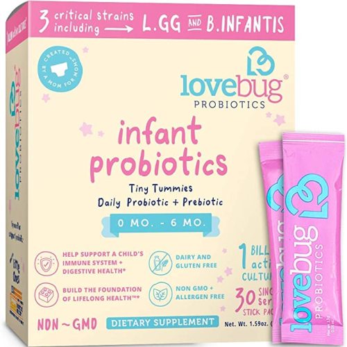 LoveBug Probiotics for Infants 0-6 Months Old Immune Support, 1 Billion CFU & 3 Strains, 30 Easy to Mix Dissolvable Packets, Probiotic Supplement for Digestive & Immune Health, Vegan & Non-GMO - 30 Count (Pack of 1) - Tiny Tummies