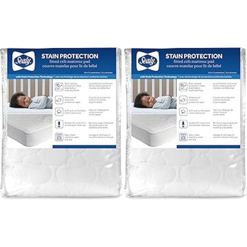 Sealy Baby Stain Protection Fitted Waterproof Infant Crib Mattress Protector Pad and Toddler Bed Cover, Durable and Comfortable Topper, Machine Washable and Dryer Friendly, 52” x 28”- White