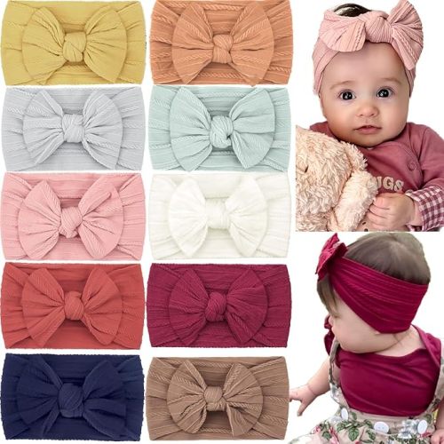 CÉLLOT 10 Colors Super Stretchy Soft Knot Baby Girl Headbands with Hair Bows Nylon Head Wrap For Newborn Baby Girls Infants Toddlers Kids