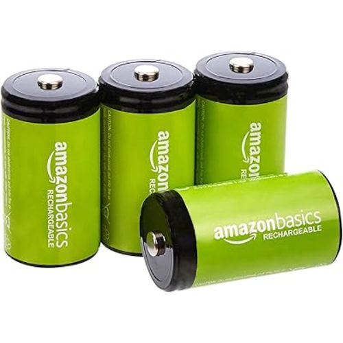 Amazon Basics Rechargeable D Cell Batteries, 4-Pack, NiMH, 10000 mAh, Recharge up to 1000x Times, Pre-Charged