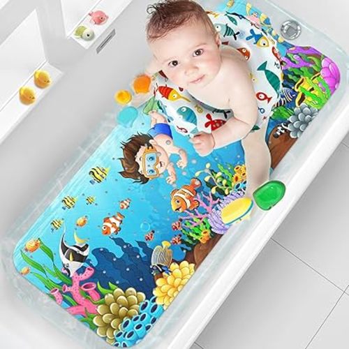 XIYUNTE Baby Bath Mat for Kids, 40x16 Inches Extra Long Baby Bath Mat Non Slip, Upgrade Cartoon Kids Bath Mat for Tub Non Slip Shower Mat with Suction Cups & Drain Holes, Machine Washable, Child