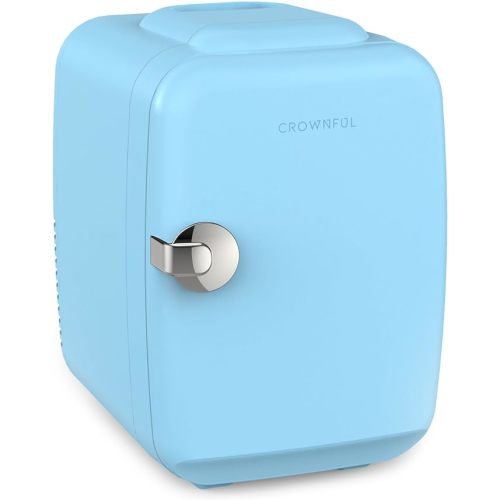 CROWNFUL Mini Fridge, 4 Liter/6 Can Portable Cooler and Warmer Personal Fridge for Skin Care, Cosmetics, Food,Great for Bedroom, Office, Car, Dorm, ETL Listed (Blue)