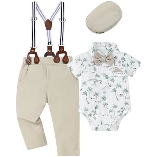 WESIDOM Baby Boy Clothes Suit 0-24M Infant Gentleman Wedding Outfit, Shirt+Bowtie+Beret+Suspender Pants Clothing Set