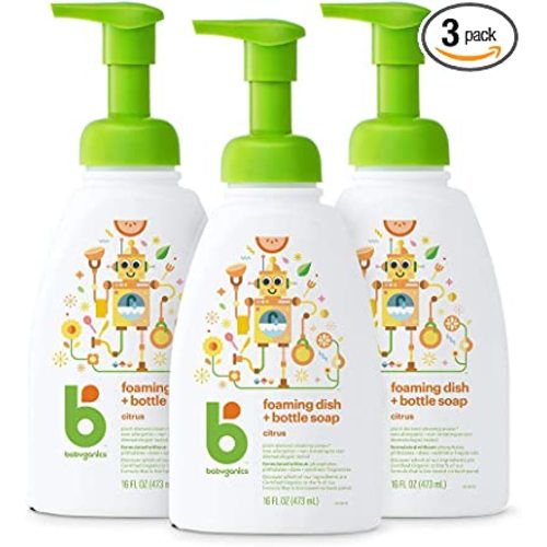 Babyganics Foaming Dish & Bottle Soap, Pump Bottle, Citrus, Plant-Derived Cleaning Power, Removes Dried Milk, 16 Fl Oz (Pack of 3), Packaging May Vary