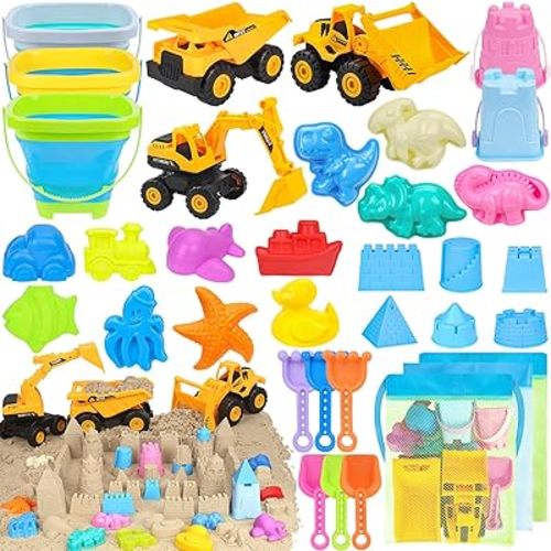 Beach Toys, 35Pcs Sand Toys with 3 Construction Vehicles, 3 Collapsible Beach Bucket, Sand Castle Building Kit, Sand Molds, Shovel Set, Mesh Bag, Travel Toys for Toddlers Kids Boys Girls