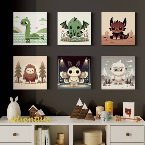 6pk Cryptid nursery art, cryptozoology wall art, baby, Big foot, Yeti, Loch Ness, Cthulhu, Monster, Chupacabra, Mothman, creature