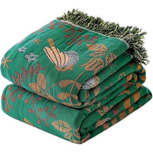 Boho Throw Blanket for Bed - 100% Cotton Ultra Soft Rustic Quilt Fall Blanket - Bird Floral Printed Farmhouse Decor Bed Blankets,60"×80" All Season Rustic Throw for Sofa Couch Chair