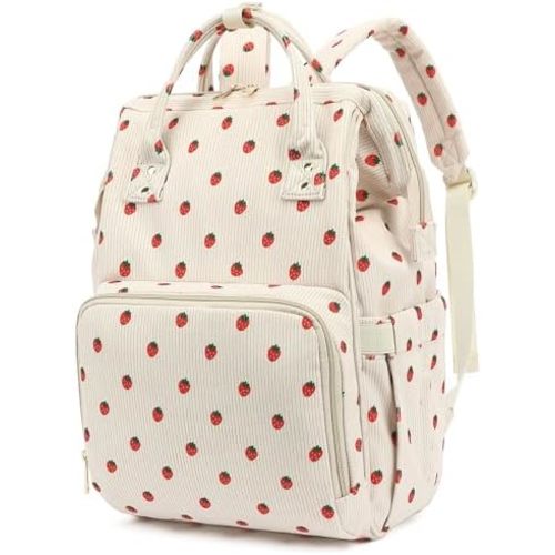 Corduroy Diaper Bag Backpack for Baby Girls Boys, Women Large Nappy Bags for Mom (Beige Corduroy Strawberry)