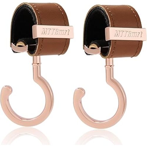 2 Pack Stroller Hooks,Strong Synthetic Leather Hook-and-Loop Fastener&High-Quality Metal Hooks,Universal Bag Clip|360° Rotation, 66lb Capacity,Non-Slip-Fits Wheelchair(Brown-Pink Gold)