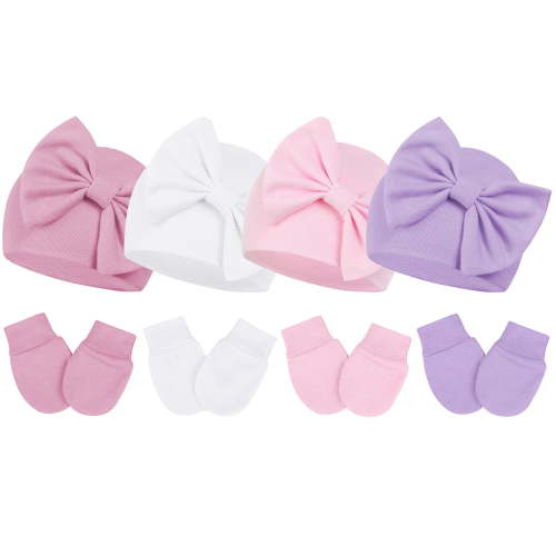 Zando 4Pcs Newborn Hat and Mitten Set Baby Girls Beanie with Big Bow Warm Baby Hats and No Scratch Mittens 0-3 Months