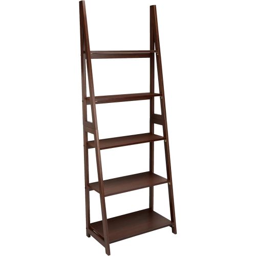 Amazon Basics Ladder Bookshelf Organizer, 5-Tier, Solid Rubberwood Frame, Walnut Finish, 14" D x 24.8" W x 70.1" H
