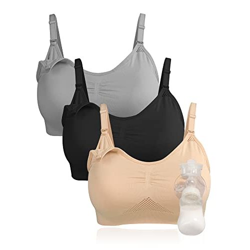 4HOW Pumping Bra Hands-Free, Breast Pump Bra,Nursing Bras for Breastfeeding,Adjustable Breast-Pumps Holding and Nursing Bra Black+Grau+Nude Size L