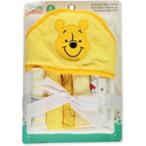 Disney Baby Winnie The Pooh Hooded Towel with 5 Piece Washcloth Set, Honey Collector Print, GS71798, Yellow