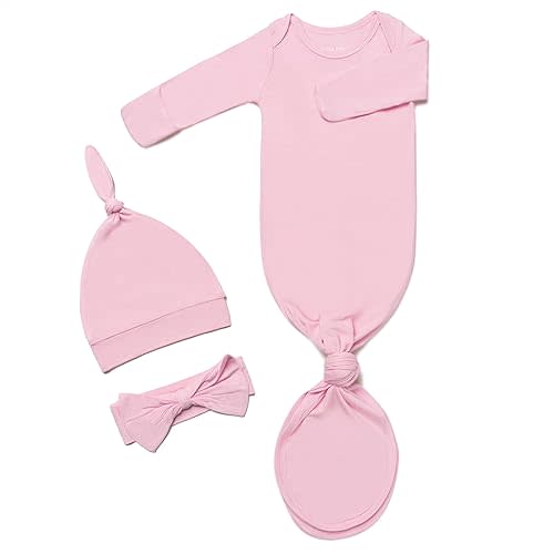 Knotted Gown Baby Newborn Hospital Outfit, Modal Infant Sleeper Gowns with Mittens, Bow and Hat Set, Nightgowns 0-3 Months