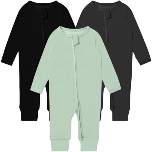 GUISBY Long Sleeve Cotton Pajamas Footless Baby Bodysuits with Zipper and Mittens 3-Pack for Boys Girls