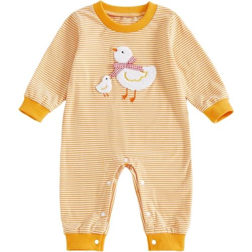 Gaono Newborn Baby Girl Boy Romper Jumpsuit Waffle Knit Striped Long Sleeve Mallard Duck Bodysuit Neutral Fall Clothes