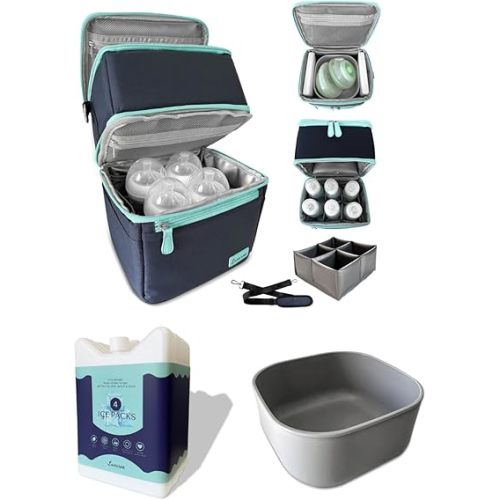 COOL Bundle Insulated Breast Milk Dual Layer Cooler Bag (Navy/Light Blue), Set of 4 ICE Slim Design Reusable Ice Packs, & BPA Free Dishwasher Safe PumpPartment Box Pumping Moms Bottles Daycare