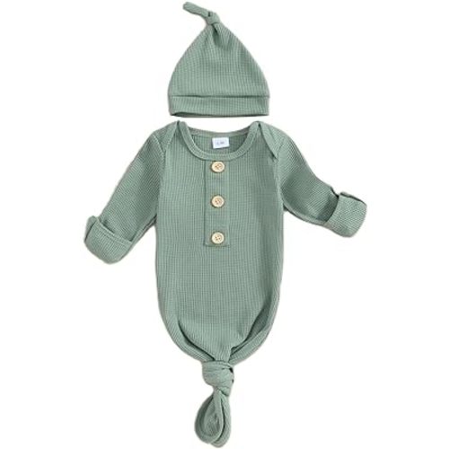 BULINGNA Newborn Baby Boys Girls Knotted Gown with Hat Set, Unisex Infant Nightgown with Mittens Sleepwear One Piece Pajamas